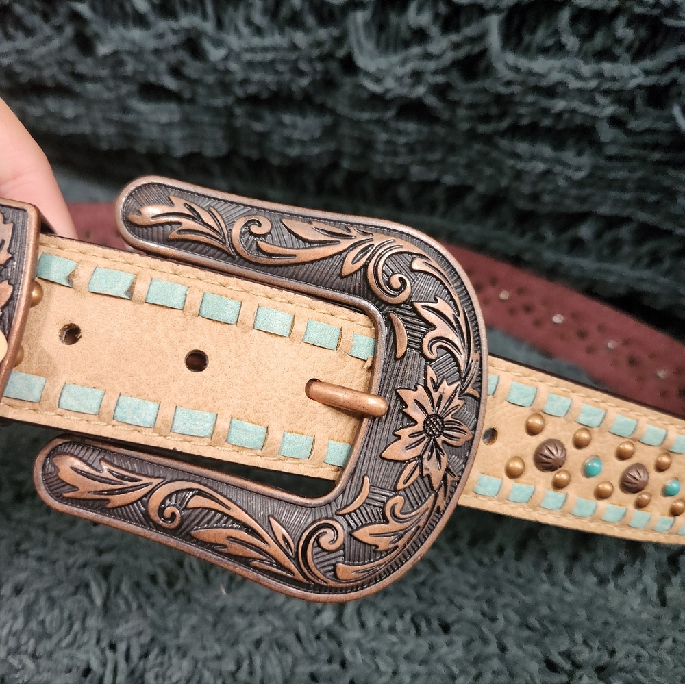 Nocona Women's Copper Turquoise Studs Leather Belt - Picture 3 of 6